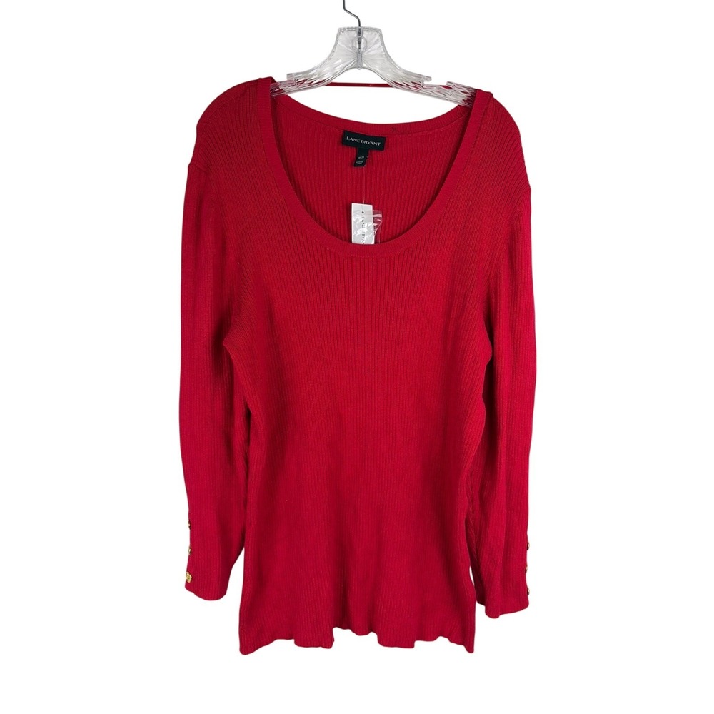 Lane Bryant Sweater Womens 18/20 Ribbed Knit Gold Button Cuff Scoop Neck Red NWT